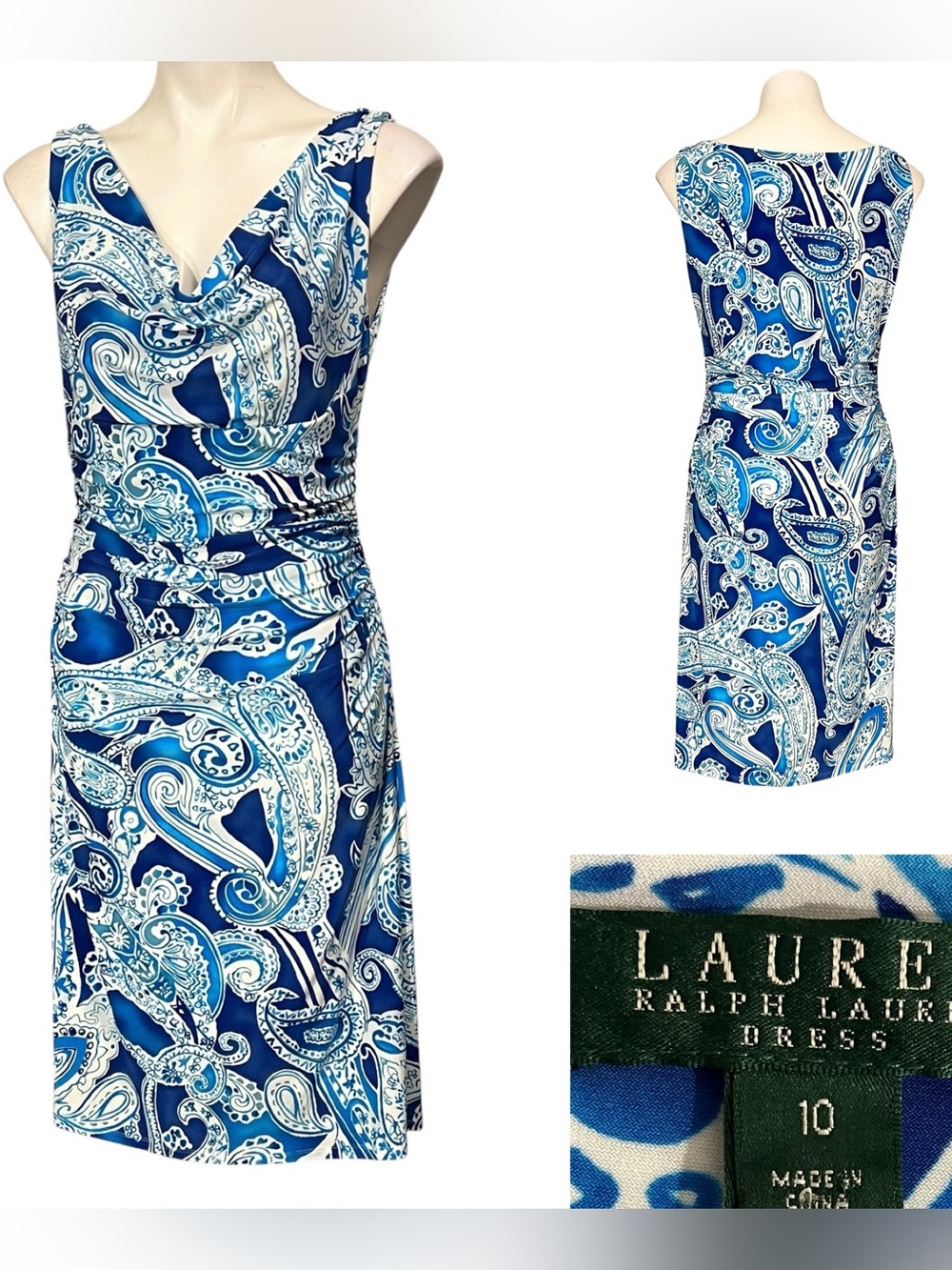 Lauren Ralph Lauren dress sz 10 Blue/White Paisley Cowl Neck sleeveless stretch